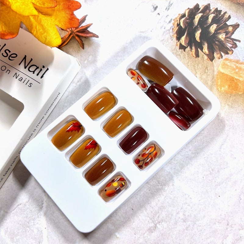 CJDLTS Thanksgiving Press on Nails Medium Ballet Shaped Fall Maple Leaf False Nail Full Cover Glossy Autumn Press Ons Stick on Nail Artificial Acrylic Fingernails Festival Glue on Nails for Women 24Pcs - Image 3